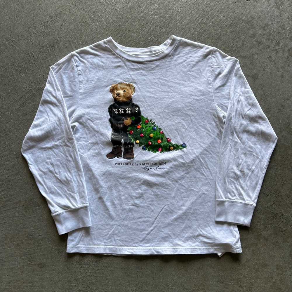 Polo Ralph Lauren Polo Bear Long Sleeve Shirt YOUTH Large White Christmas Tree